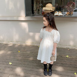 Girls Puff Sleeve Fit & Flare Cotton Midi Dress