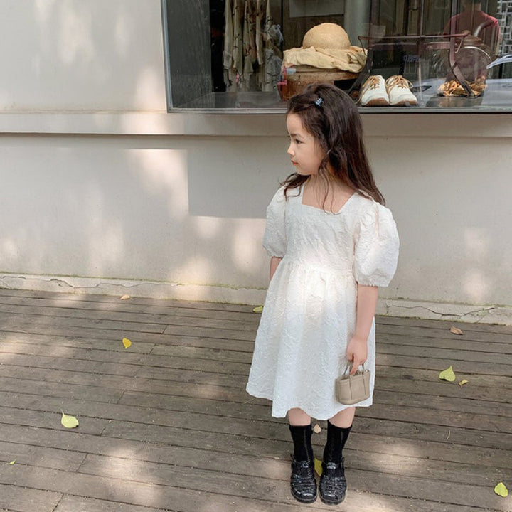 Girls Puff Sleeve Fit & Flare Cotton Midi Dress