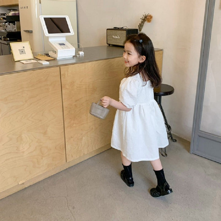 Girls Puff Sleeve Fit & Flare Cotton Midi Dress