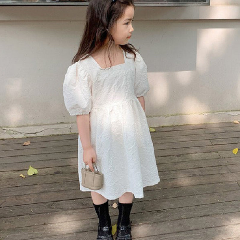 Girls Puff Sleeve Fit & Flare Cotton Midi Dress