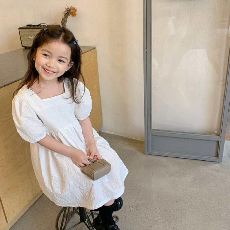 Girls Puff Sleeve Fit & Flare Cotton Midi Dress