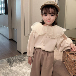Girls Solid Peter Pan Collar Ruffles Cotton Casual Shirt