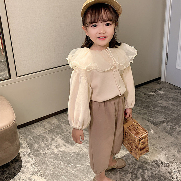 Girls Solid Peter Pan Collar Ruffles Cotton Casual Shirt