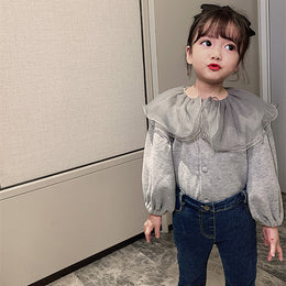 Girls Solid Peter Pan Collar Cotton Casual Shirt