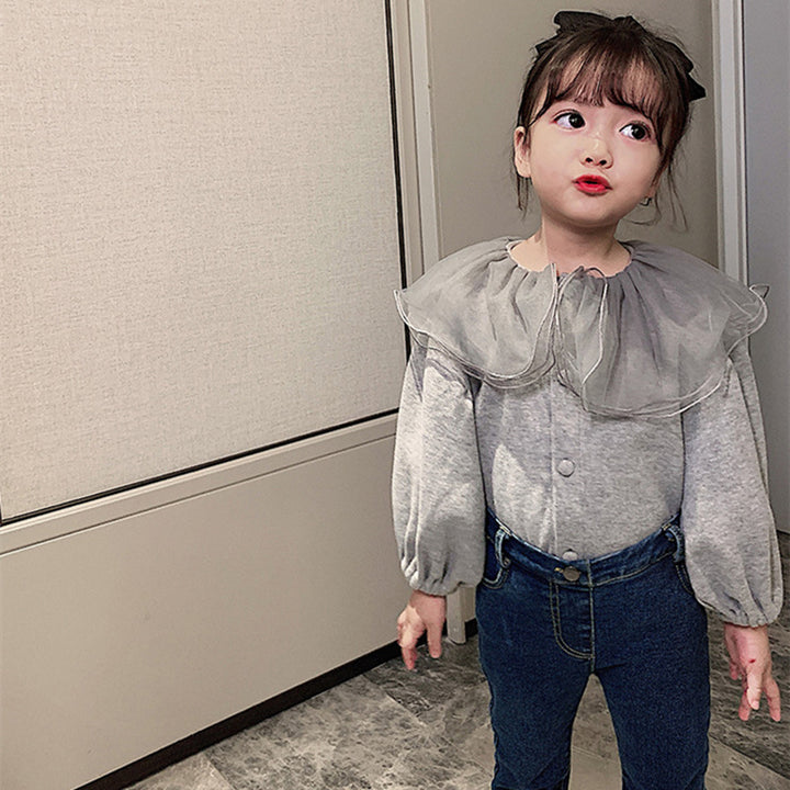 Girls Solid Peter Pan Collar Cotton Casual Shirt