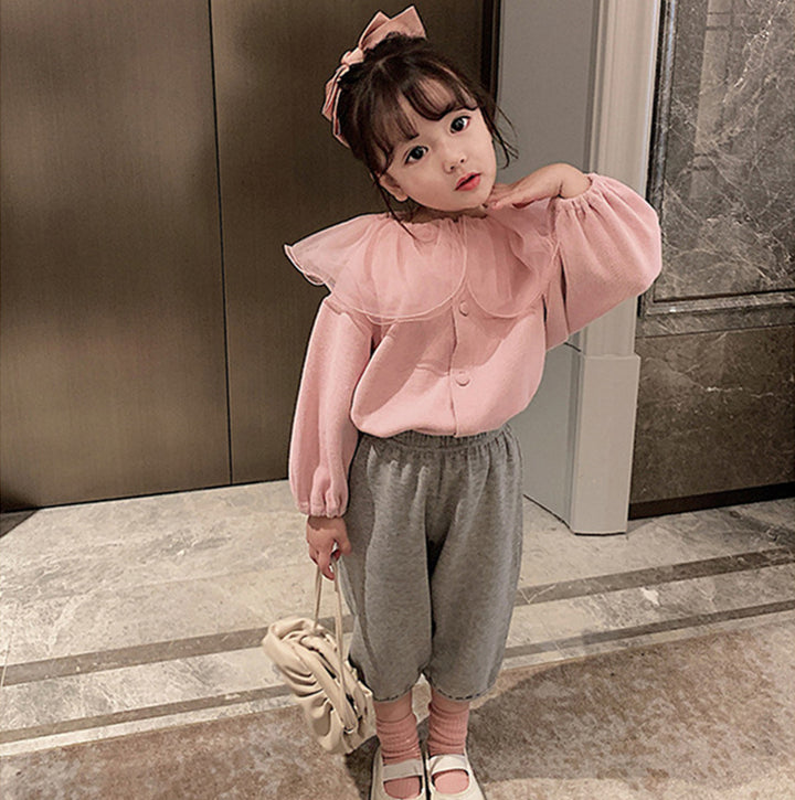 Girls Solid Peter Pan Collar Ruffles Cotton Casual Shirt