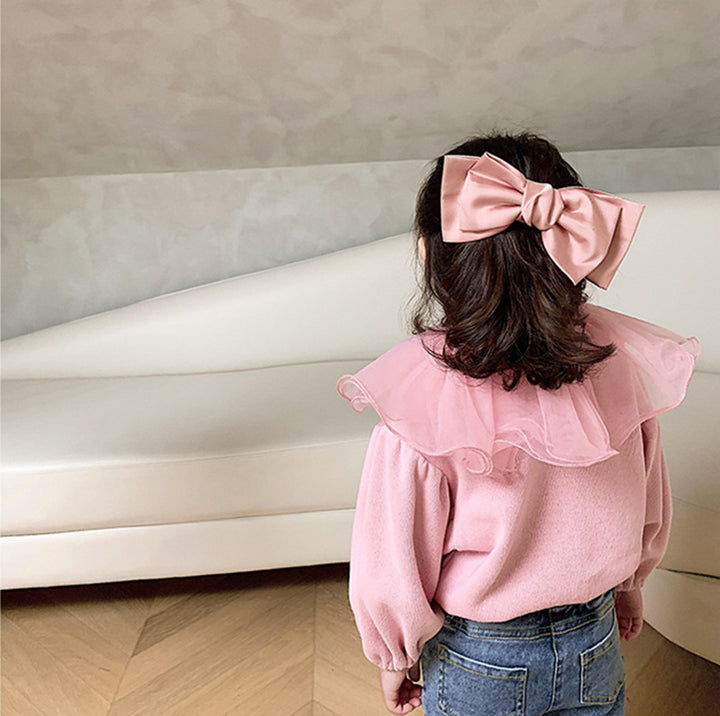Girls Solid Peter Pan Collar Ruffles Cotton Casual Shirt