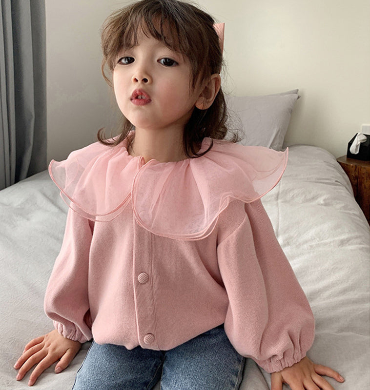 Girls Solid Peter Pan Collar Ruffles Cotton Casual Shirt