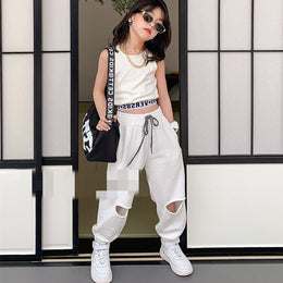 Girls Round Neck Sleeveless Pure Cotton Top with Trousers