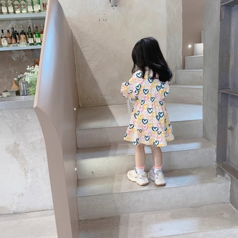 Girls Heart Printed Cotton Puff Sleeve A-Line Dress