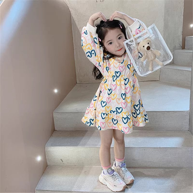 Girls Heart Printed Cotton Puff Sleeve A-Line Dress