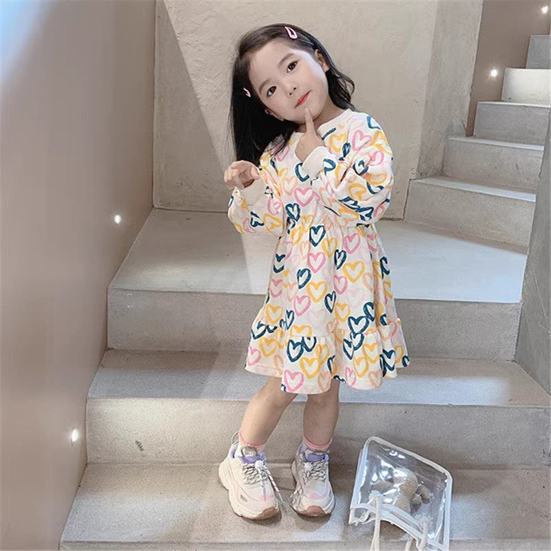 Girls Heart Printed Cotton Puff Sleeve A-Line Dress