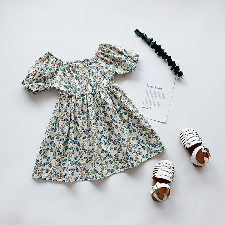 Girls Floral Print Puff Sleeve Fit & Flare Dress