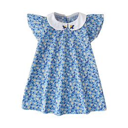 Girls Floral Print Peter Pan Collar Flutter Sleeve A-Line Dress