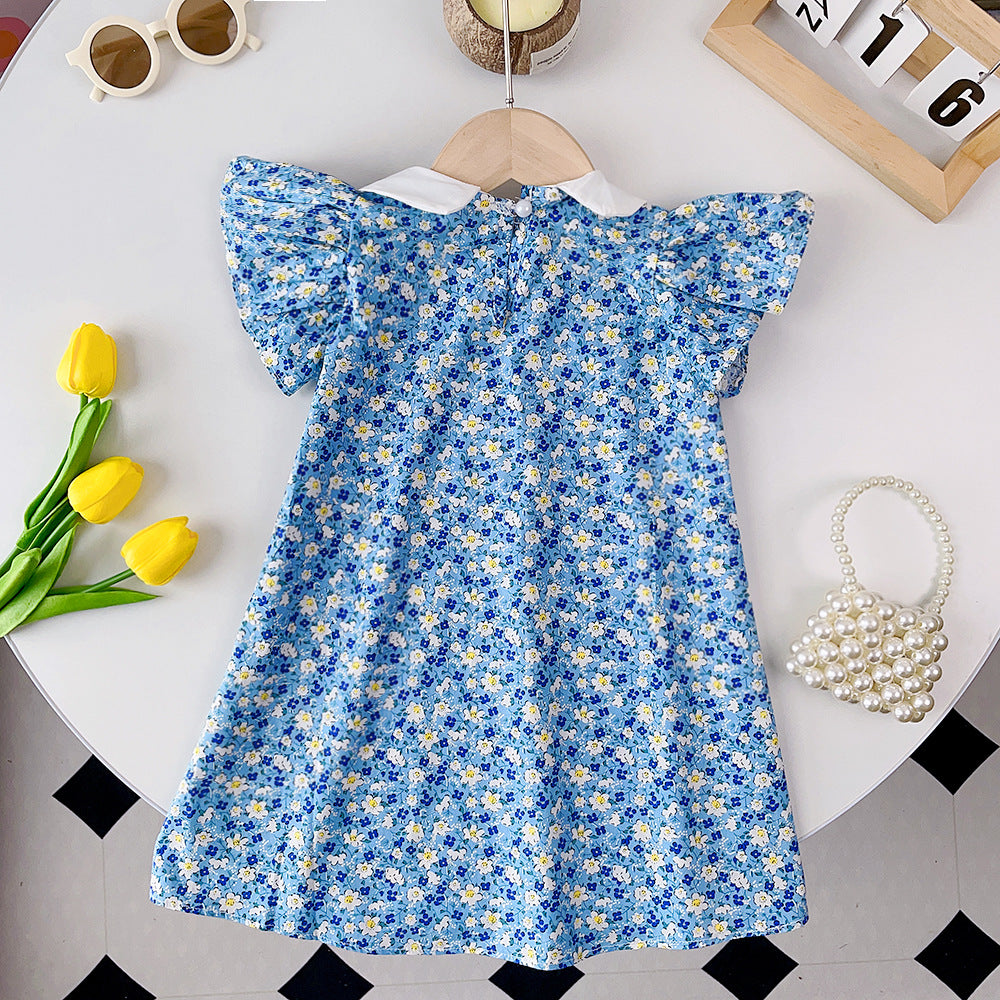 Girls Floral Print Peter Pan Collar Flutter Sleeve A-Line Dress