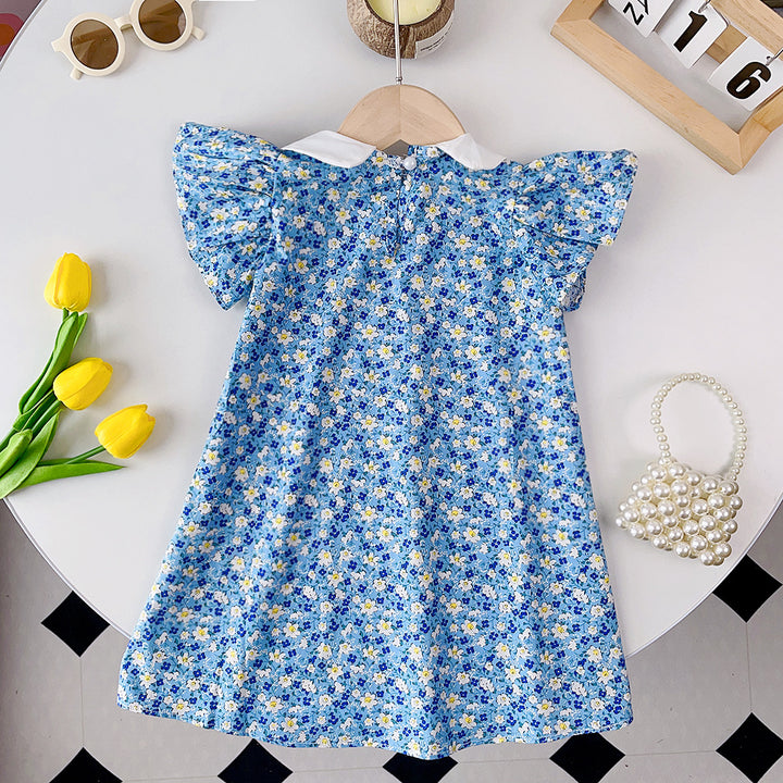 Girls Floral Print Peter Pan Collar Flutter Sleeve A-Line Dress