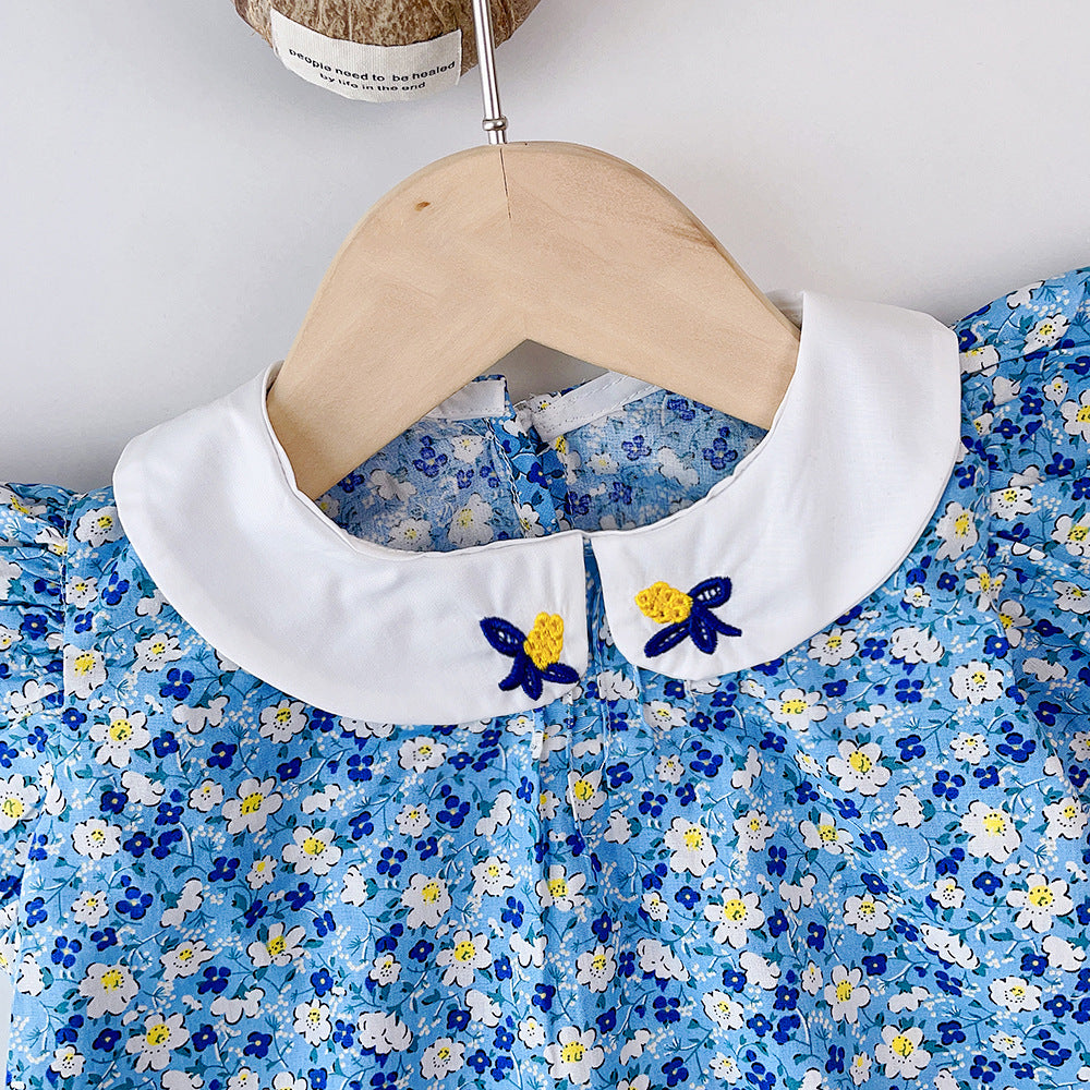 Girls Floral Print Peter Pan Collar Flutter Sleeve A-Line Dress