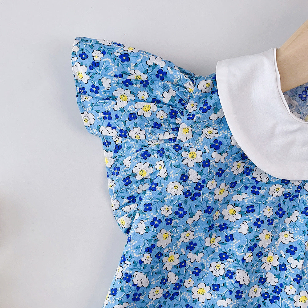 Girls Floral Print Peter Pan Collar Flutter Sleeve A-Line Dress