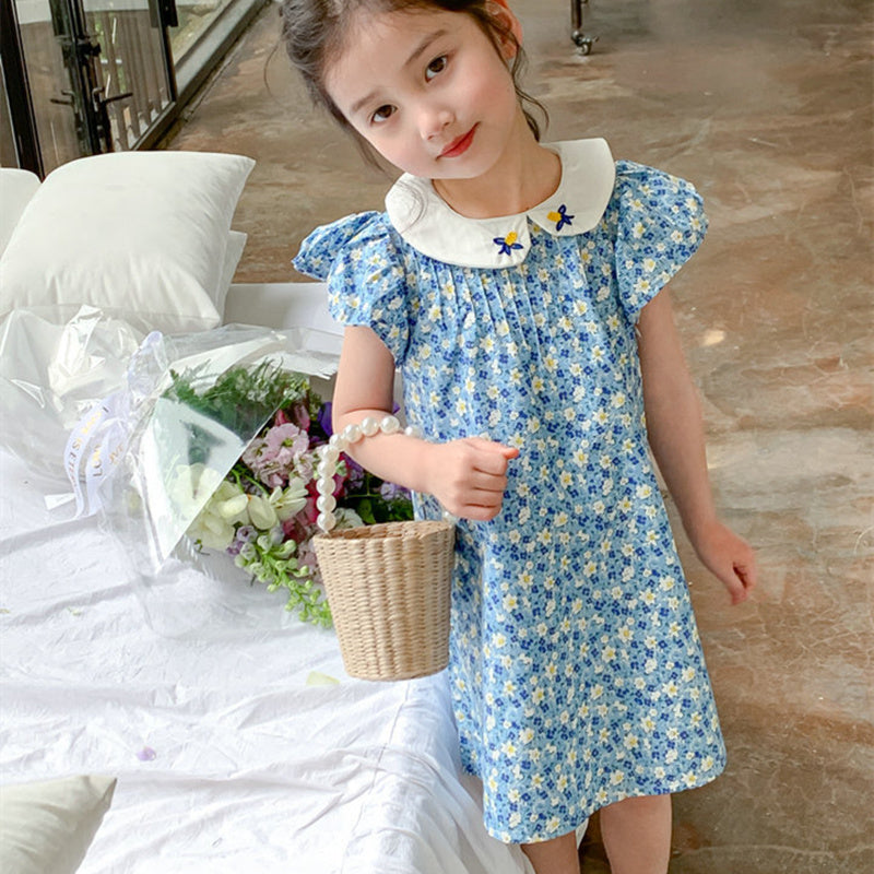 Girls Floral Print Peter Pan Collar Flutter Sleeve A-Line Dress