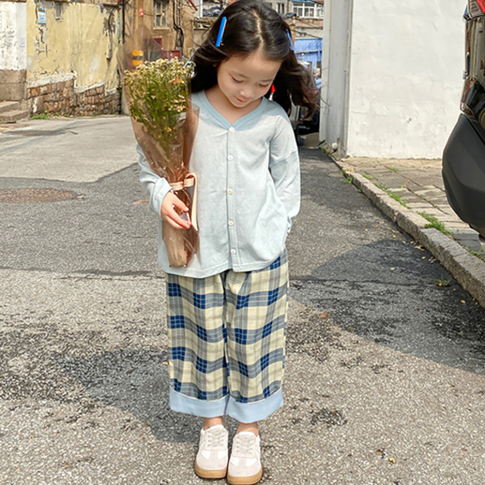 Girls Checked Mid-Rise Slip-On Loose Fit Trousers