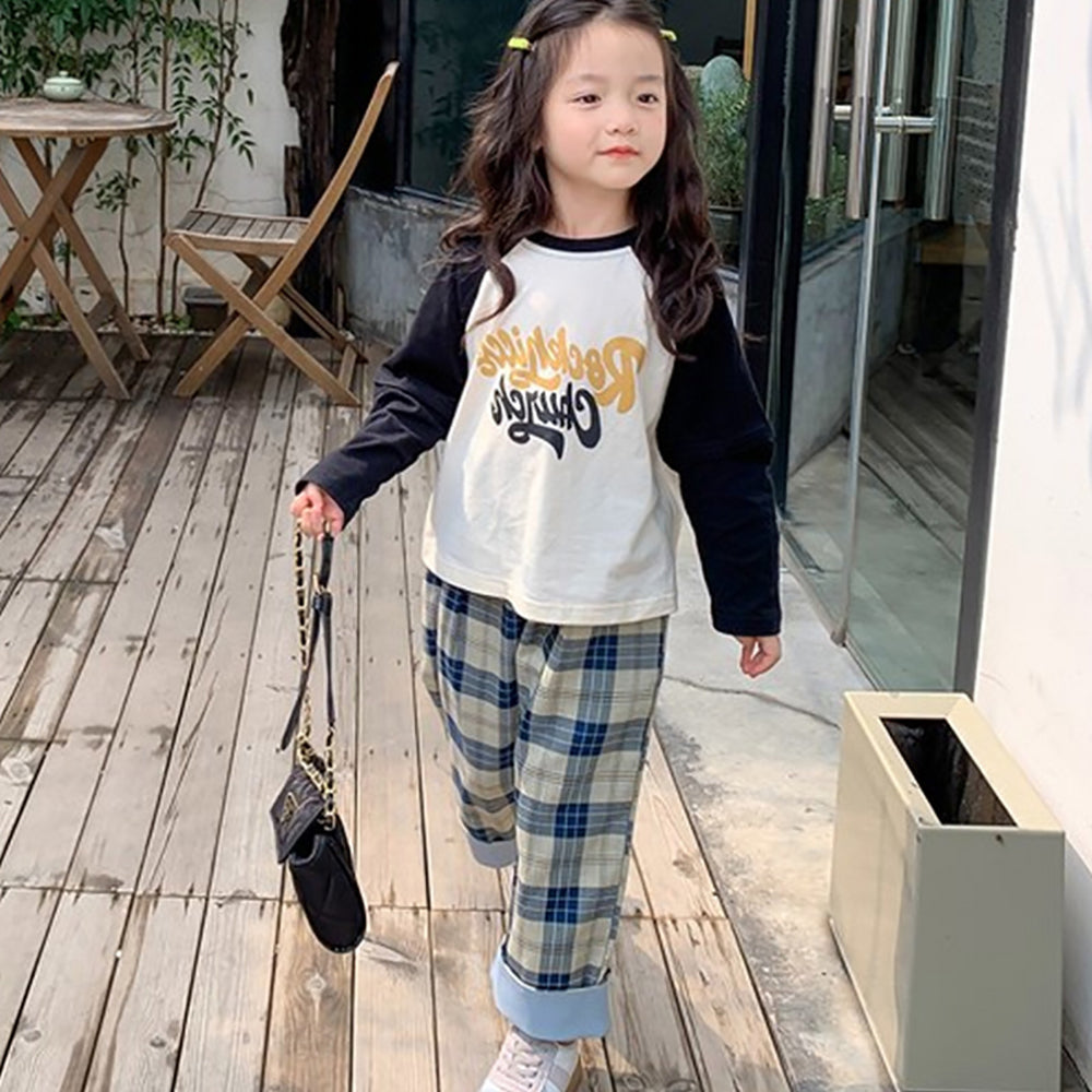 Girls Checked Mid-Rise Slip-On Loose Fit Trousers