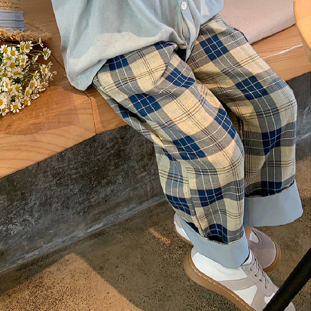 Girls Checked Mid-Rise Slip-On Loose Fit Trousers