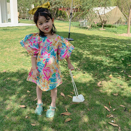 Tropical Print Flutter Sleeve A-Line Dress