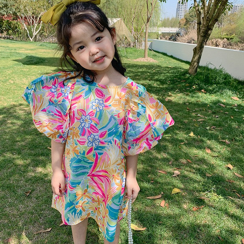 Tropical Print Flutter Sleeve A-Line Dress