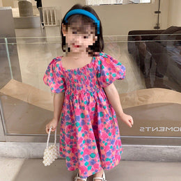 Girls  Print Puff Sleeve A-Line Midi Dress