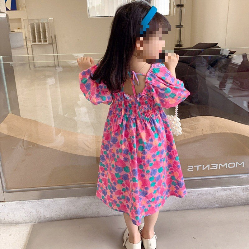 Girls  Print Puff Sleeve A-Line Midi Dress