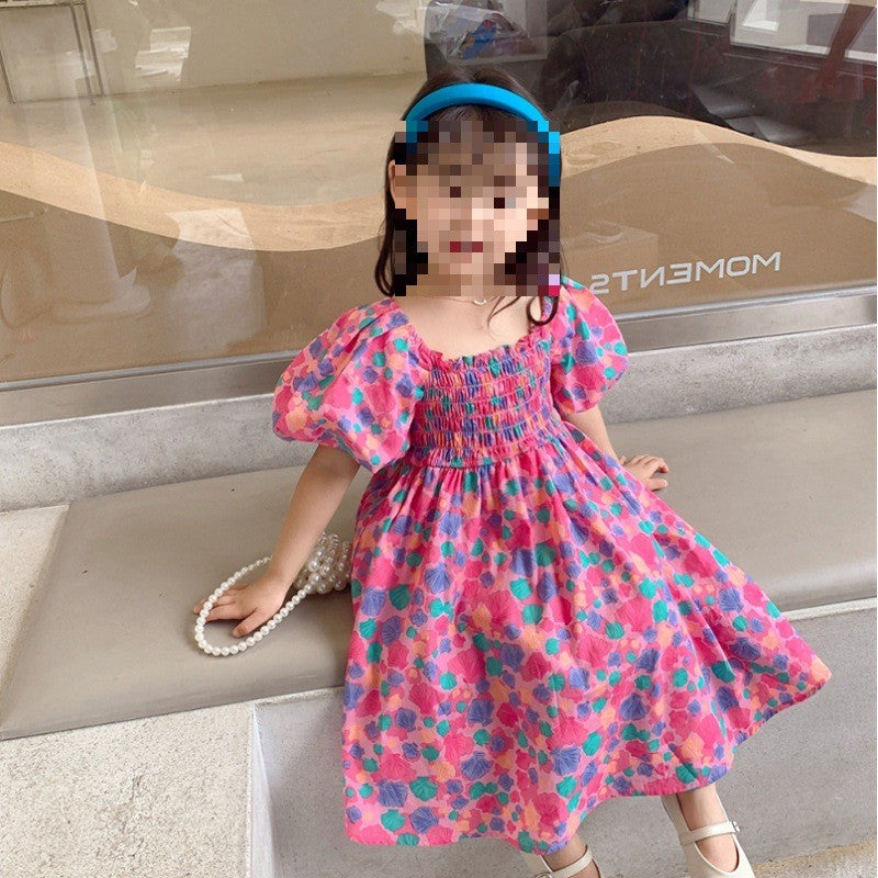 Girls  Print Puff Sleeve A-Line Midi Dress