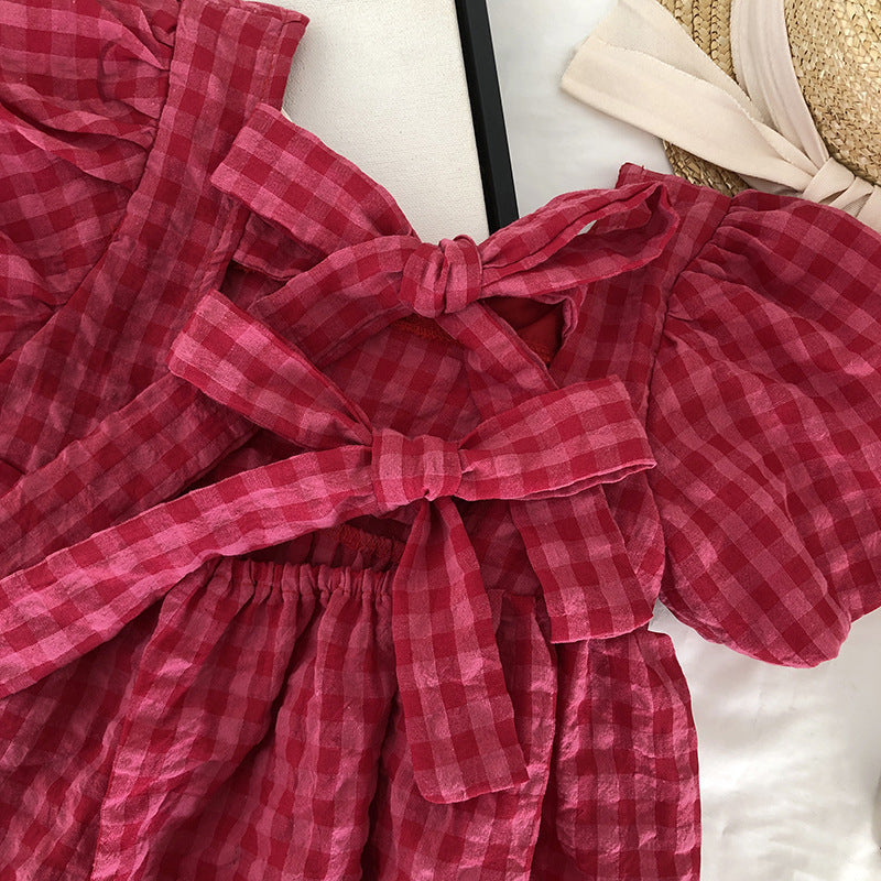 Checked Flutter Sleeve Fit & Flare Dress