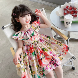 Girls Floral Print Knee Length Cape Sleeves Fit & Flare Dress