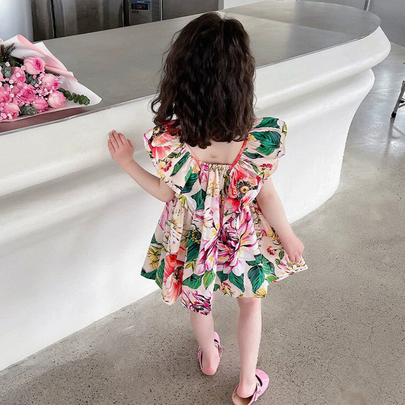 Girls Floral Print Knee Length Cape Sleeves Fit & Flare Dress