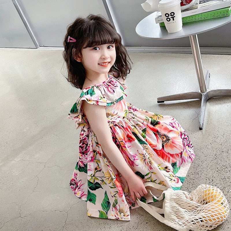 Girls Floral Print Knee Length Cape Sleeves Fit & Flare Dress