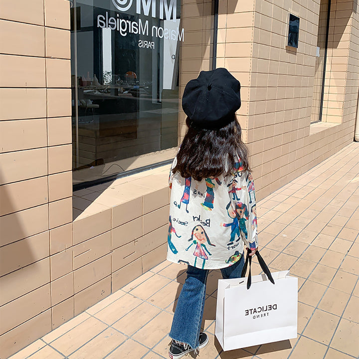 Girls Relaxed Fit Band Collar Graphic Printed Cotton Casual Shirt