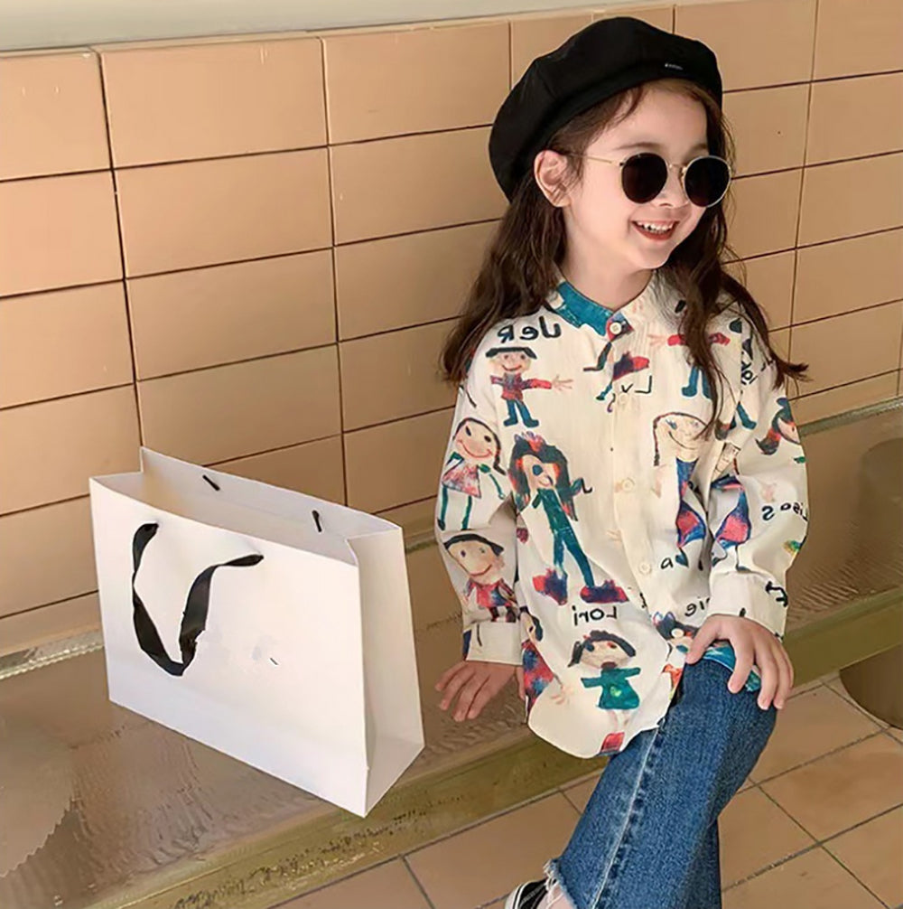 Girls Relaxed Fit Band Collar Graphic Printed Cotton Casual Shirt