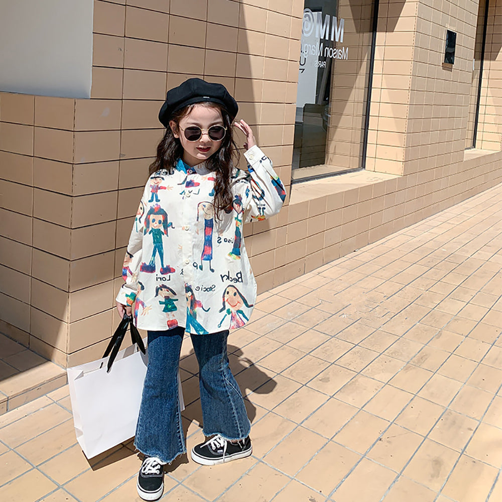 Girls Relaxed Fit Band Collar Graphic Printed Cotton Casual Shirt