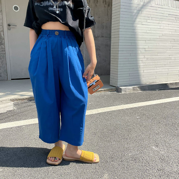 Girls Loose Fit Wide Leg Cotton Trousers With Pleats
