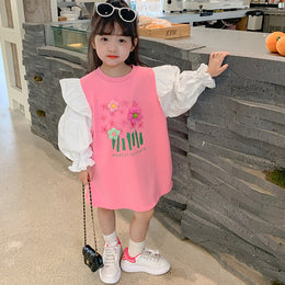 Girls Cotton Colourblocked Applique T-shirt Dress