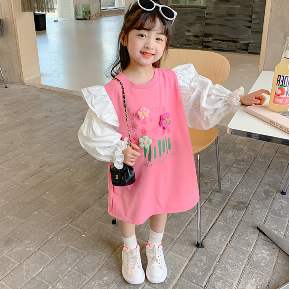 Girls Cotton Colourblocked Applique T-shirt Dress