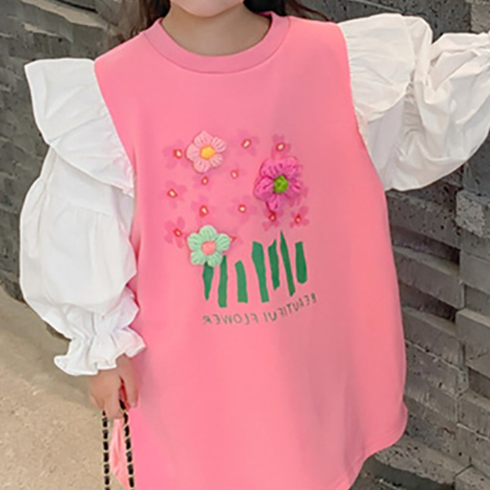 Girls Cotton Colourblocked Applique T-shirt Dress