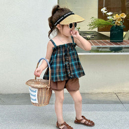 Girls Checked Pure Cotton Top With Shorts