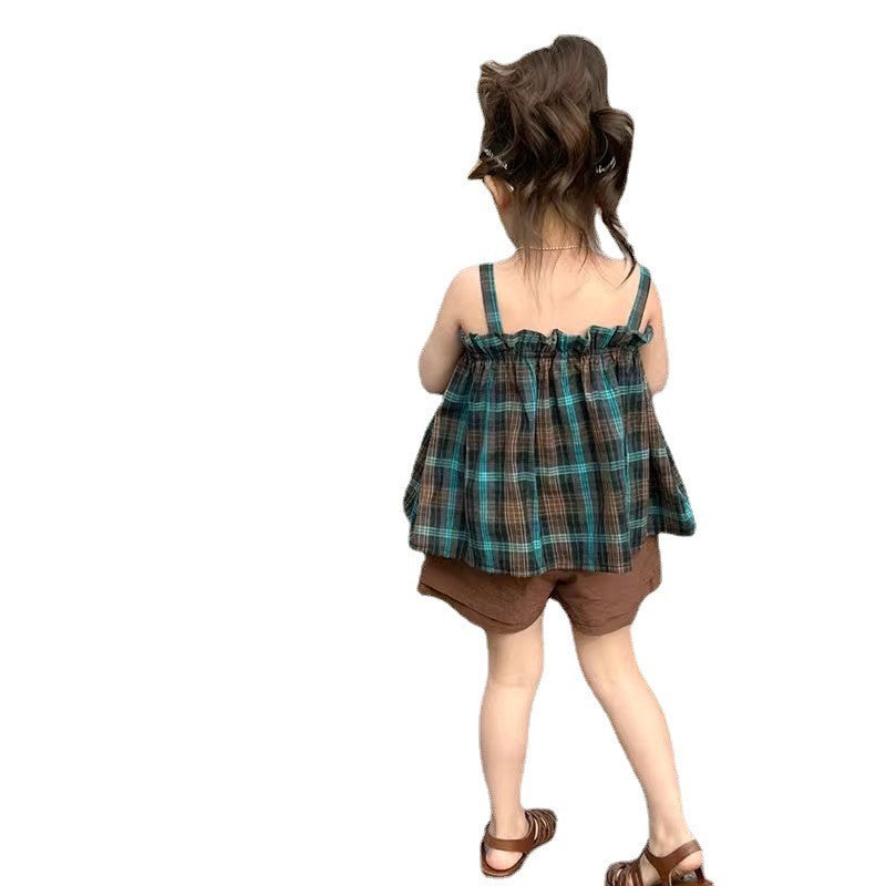 Girls Checked Pure Cotton Top With Shorts