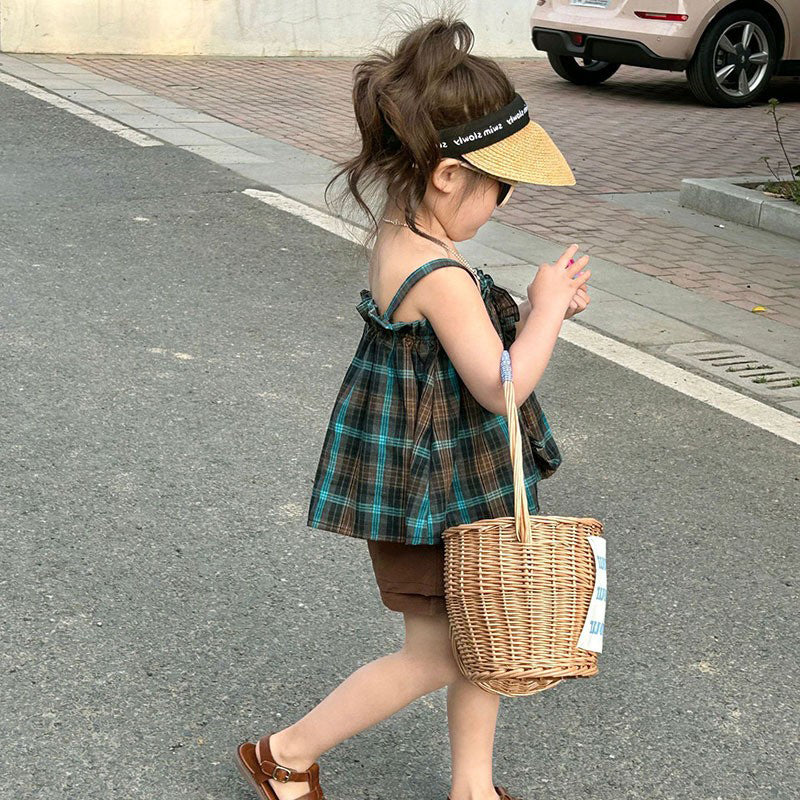 Girls Checked Pure Cotton Top With Shorts