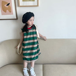 Girls Cotton Striped A-Line Midi Dress