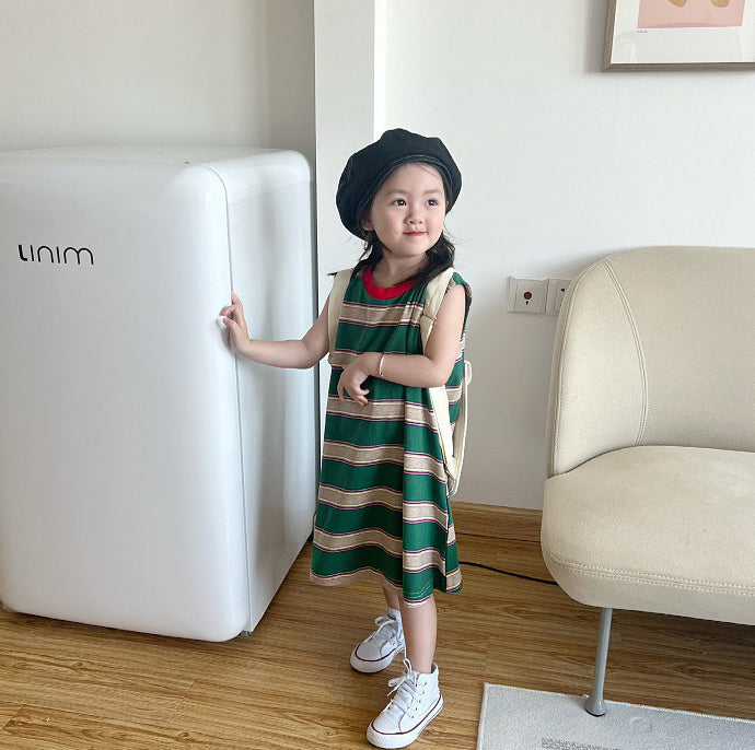 Girls Cotton Striped A-Line Midi Dress