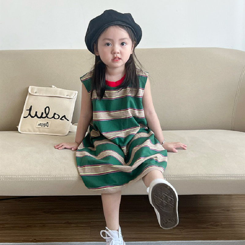 Girls Cotton Striped A-Line Midi Dress
