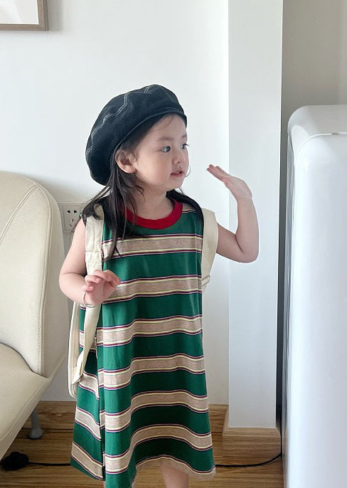 Girls Cotton Striped A-Line Midi Dress