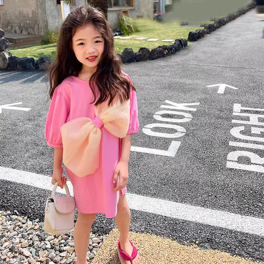 Girls A-Line Midi Cotton Dress With Bow Detail